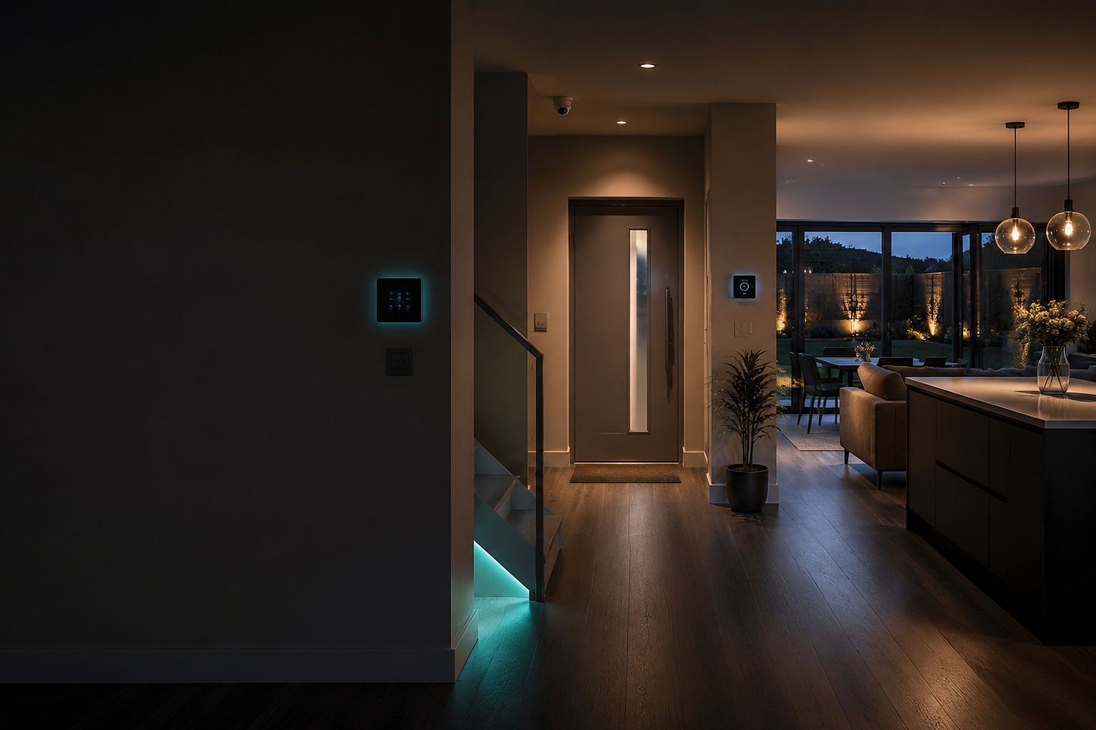 A professionally integrated modern smart home with warm lighting, heating control and security