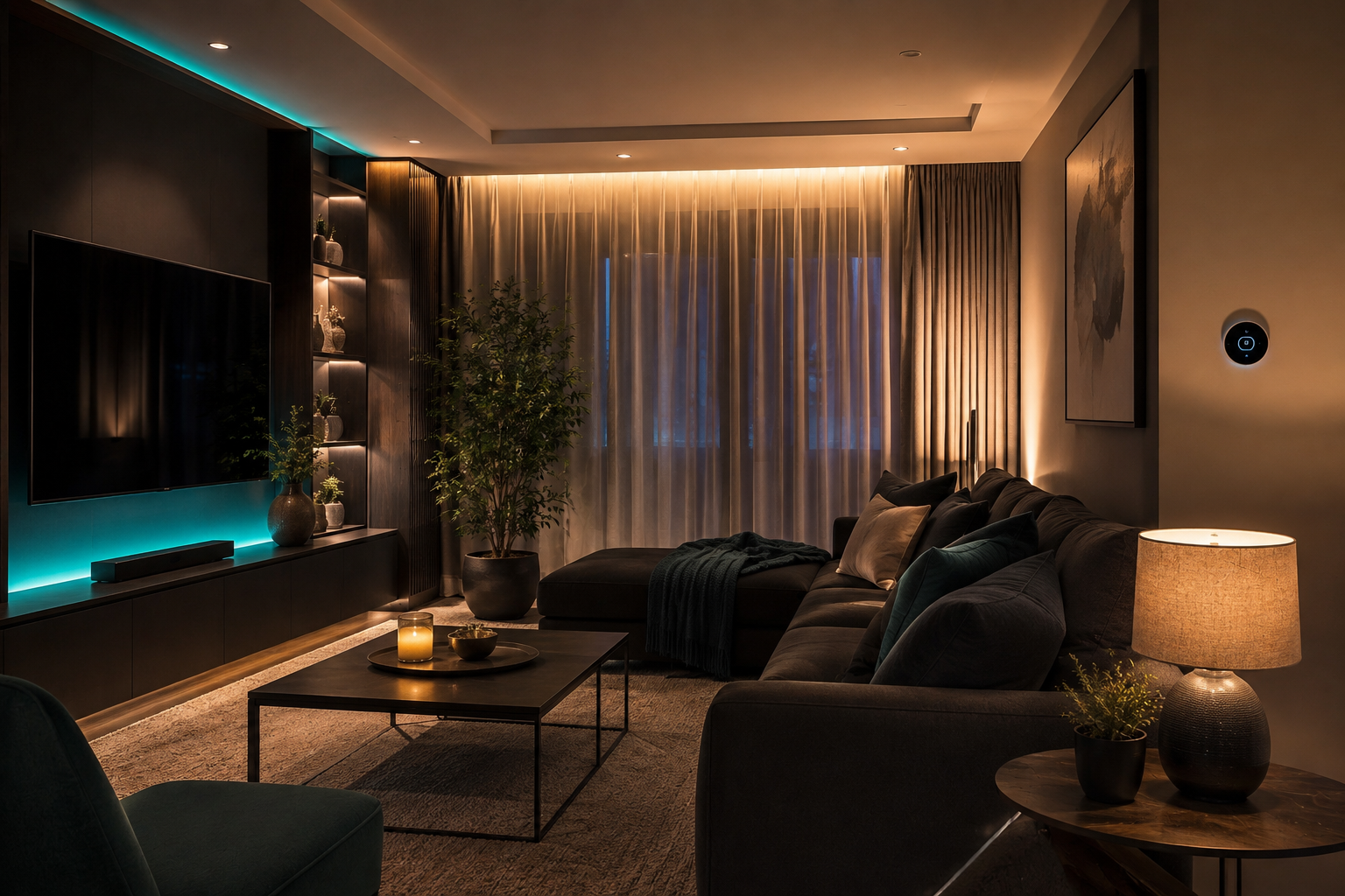A comfortable living room with professionally integrated smart lighting and climate control