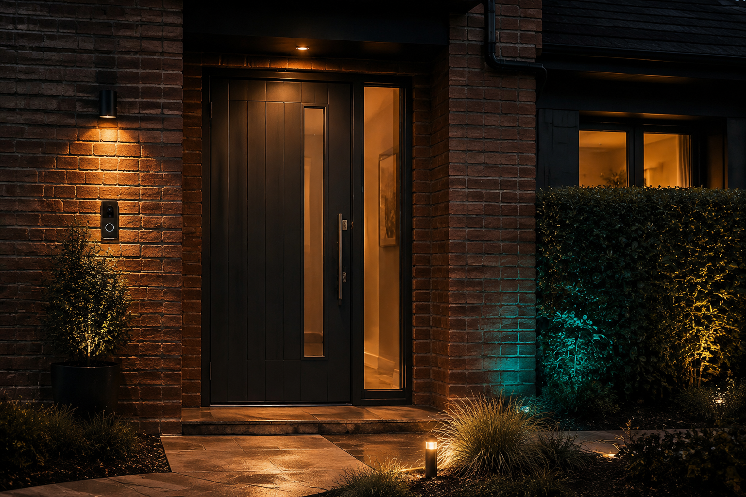 A modern UK front entrance with professionally installed smart security and access